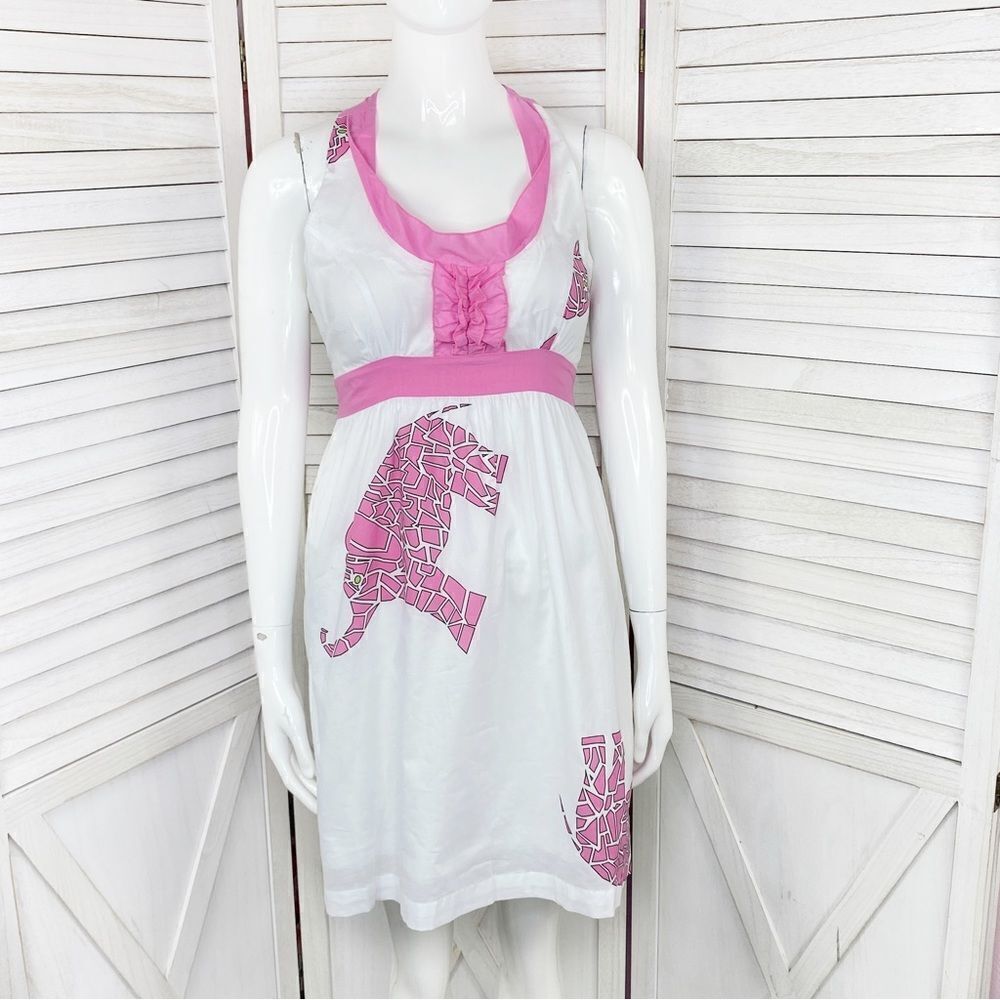 Tracy Negoshian Mosaic Elephants Cotton Halter Sundress White Pink Small
